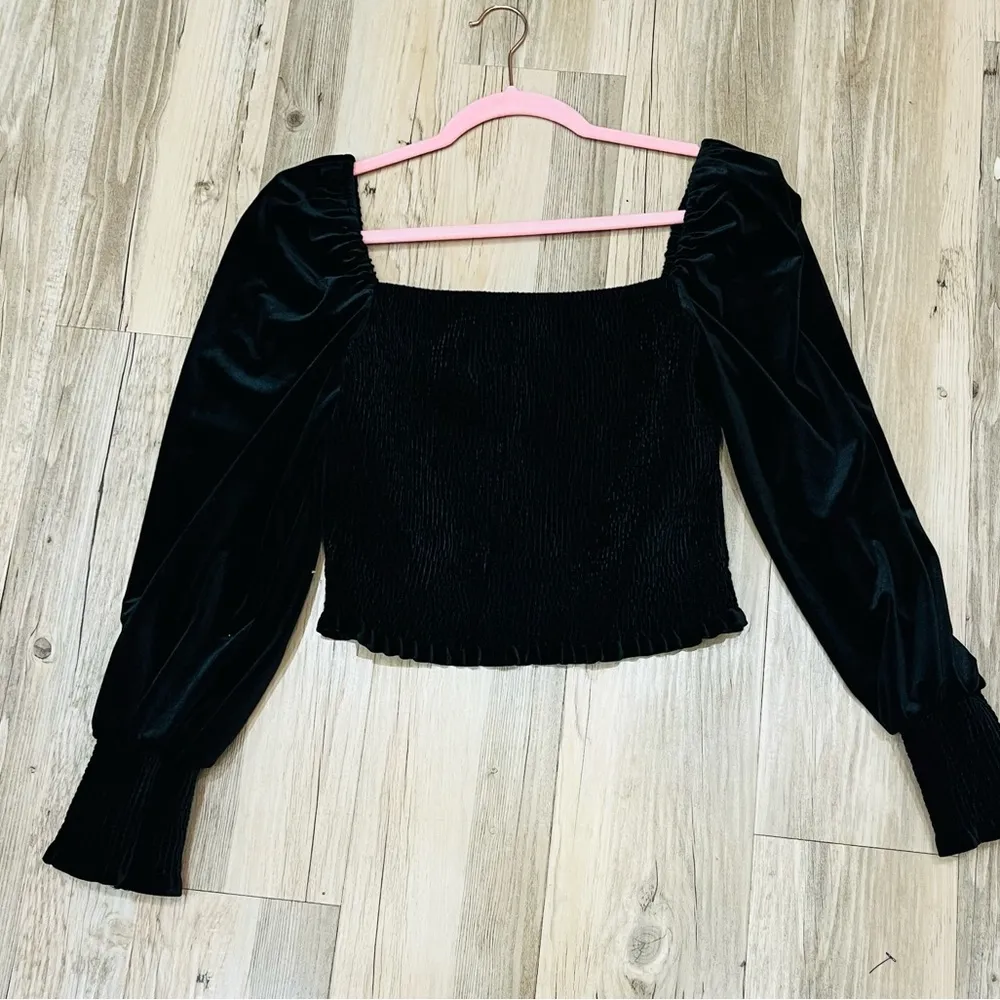 Gianni Bini Velvet Square Neck Smocked Balloon Sleeve Blouse  Black Sz m… - Image 7