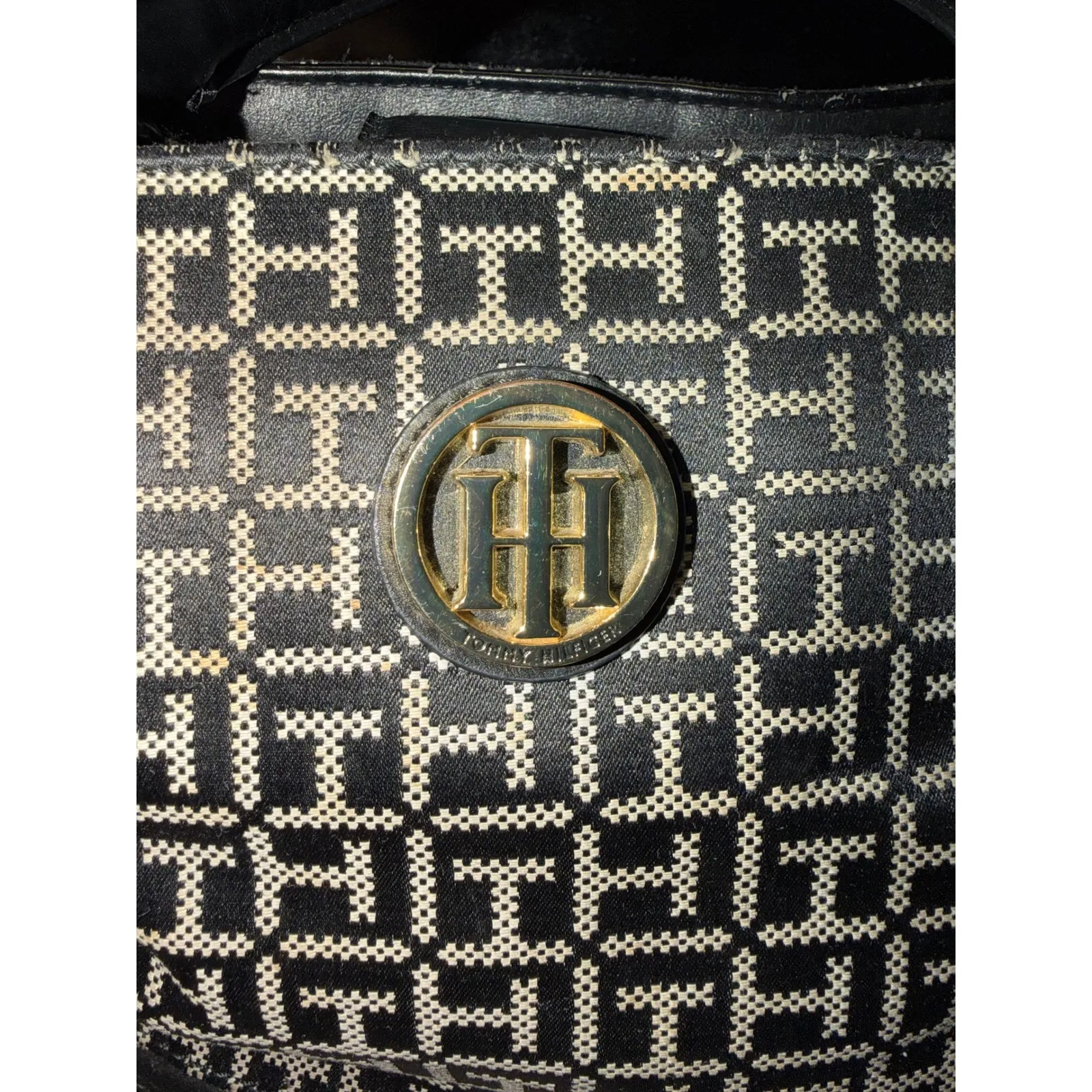 Tommy Hilfiger Tote Bag Black White Monogram Canvas Leather Straps - Image 5