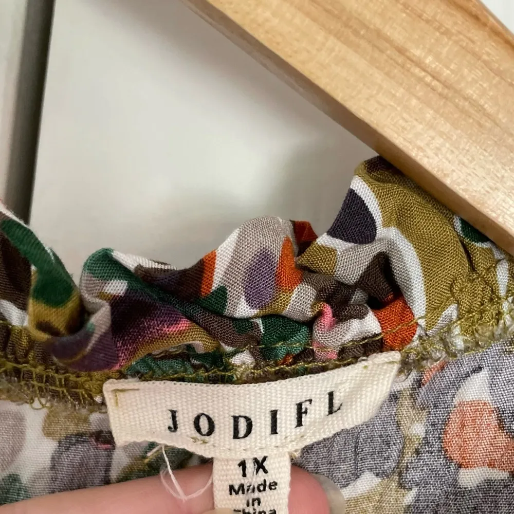 Jodifl Floral Mini Dress Sz 1X Ruffle Tiered Belted Waist Earthy Boho - Image 12