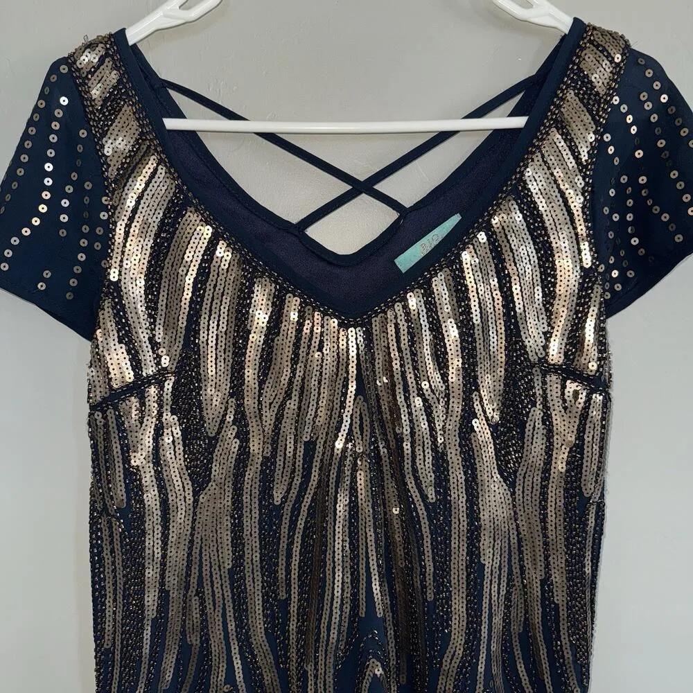 Rio Bazaar Navy Blue & Gold Sequin Dress XS Crisscross Back Art Deco Sparkle - Image 2