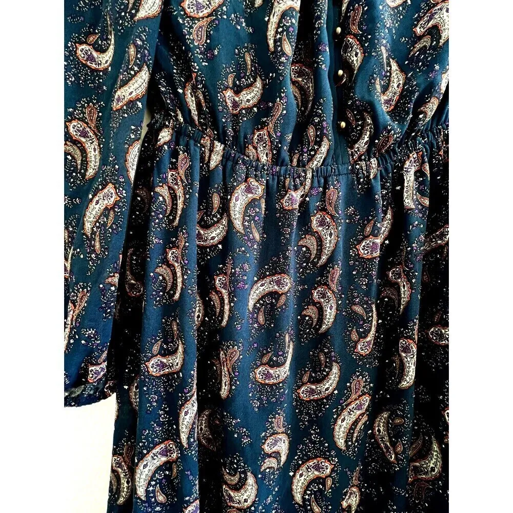 DR2 Bohemian long sleeve blue navy country native chic midi womens dress sz XS - Image 10