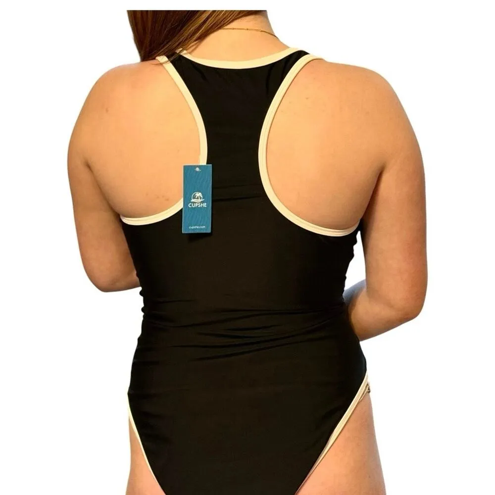 NEW Women's CUPSHE SWIMSUIT XL Black & White U-Neck Front Zip One-Piece Swim NWT - Image 5