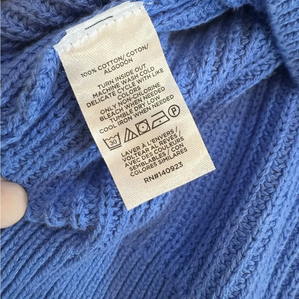 LOFT Blue Crew Neck Knit Sweater with Button Accents Ruffles Medium - Image 4