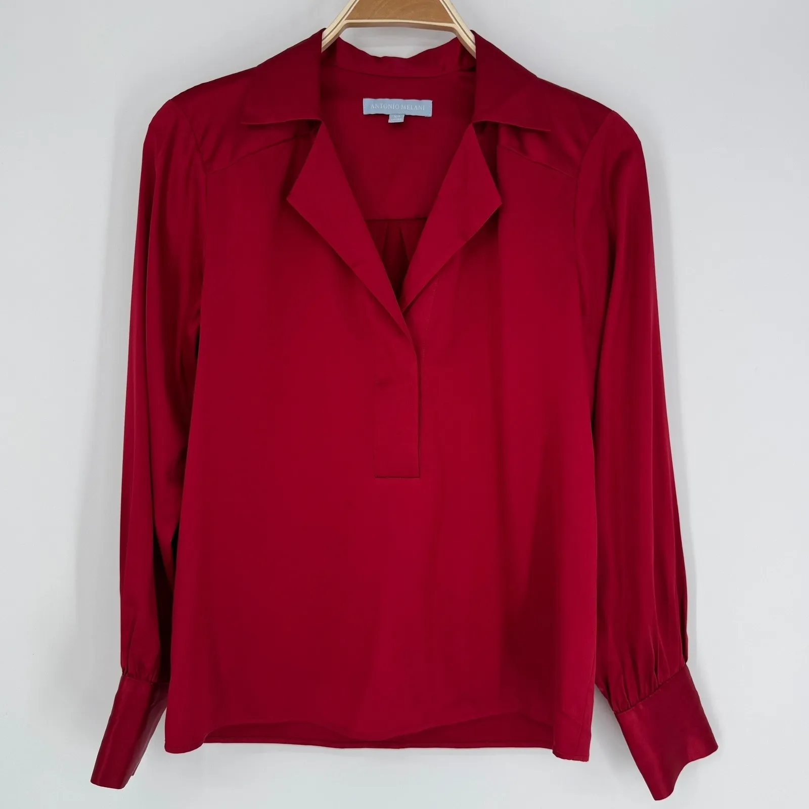 Antonio Melani Stretch Silk Blouse XS Red Satin Officewear Minimalist Elegant - Image 2