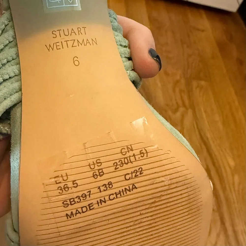 Stuart Weitzman Women’s 6 Suede Twist Block 75 Block Sandal Heel Teal Green - Image 3