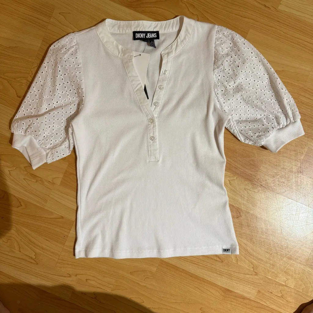 DKNY Jeans White Top with Eyelet Puff Sleeves - Image 2
