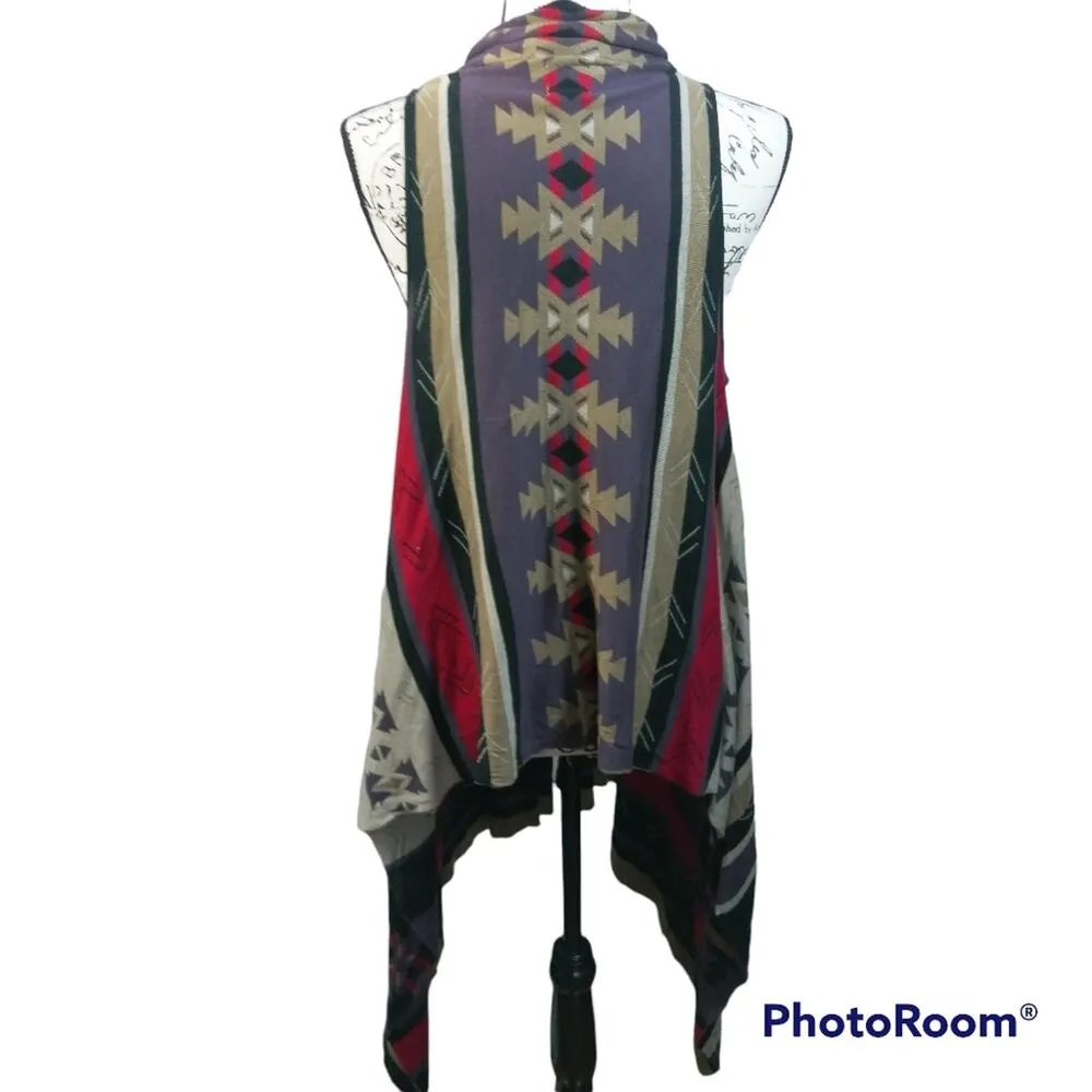 Como Vintage Open Front Longline Tribal Print Coverup Vest Cardigan M - Image 3