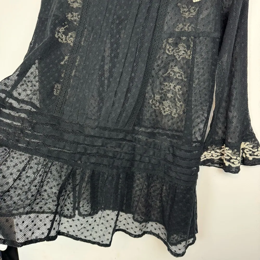 Free People Black Lace Mesh Tunic Top Sz Small Dot Ruffle Floral - Image 14