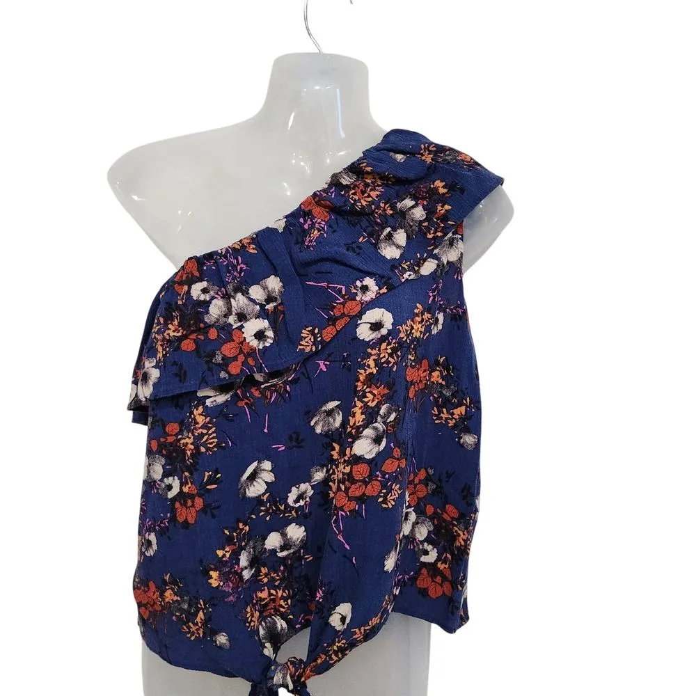 Mossimo Supply Co. One Shoulder Top Tie Front Crinkled Floral Blue Multi Sz XXL - Image 2