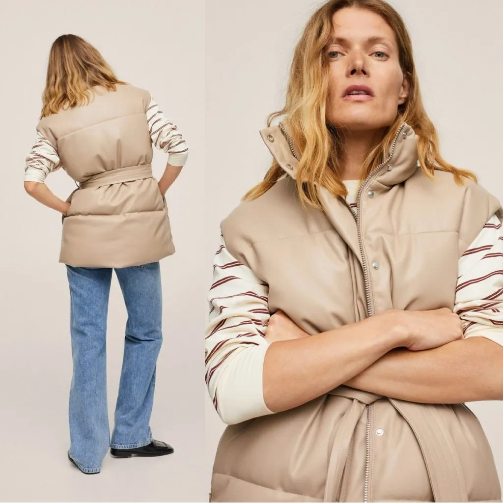 Mango Women’s Faux Leather Quilted Puffer Skin Style Gilet Vest in Beige Size M - Image 3