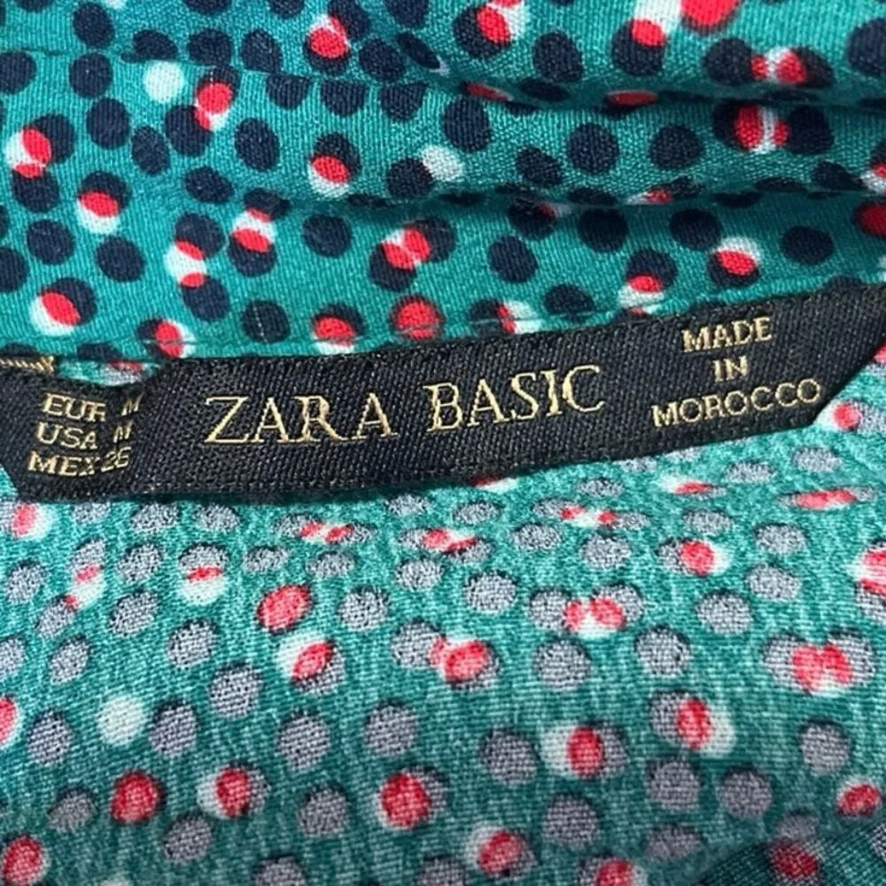 Zara Green Polka Dot Long Sleeve Collar Zipper Mini Tunic Shirt Shift Dress Sz M - Image 4