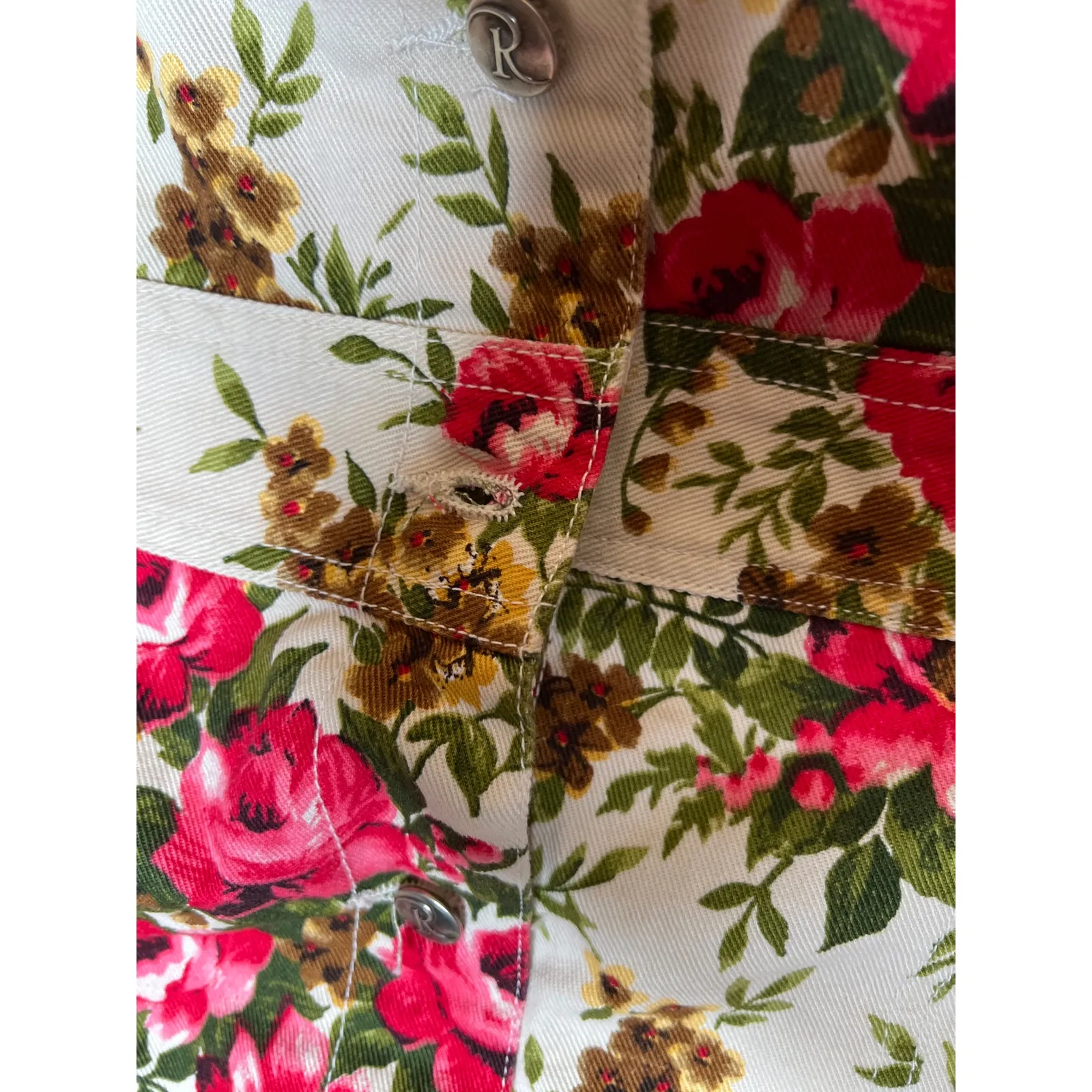 Roamans size 34 jacket, floral pink pockets, button up *** missing rivet button Green - Image 5