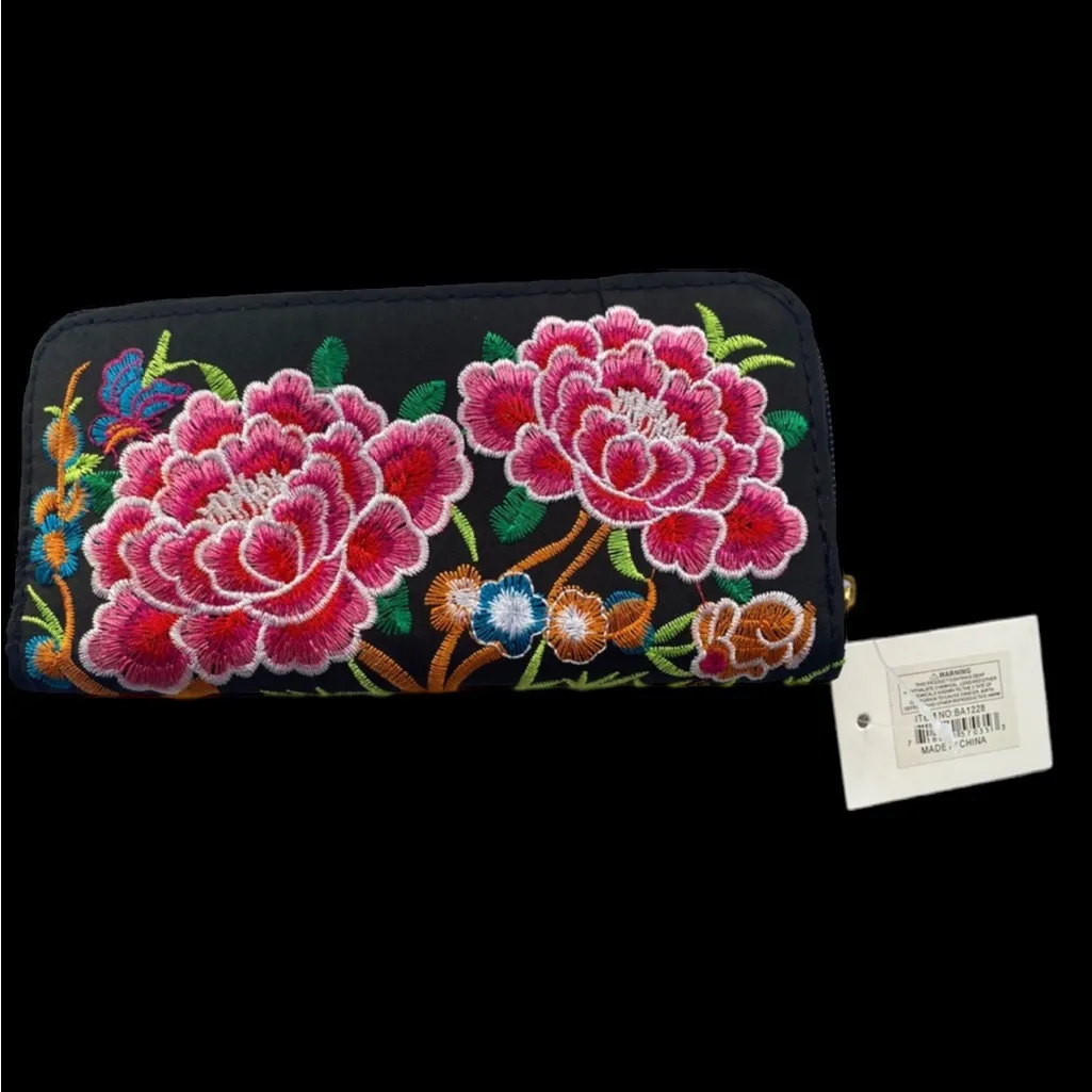 🌺Pink‎ Floral Embroidered Women’s Wallet Black - Image 2