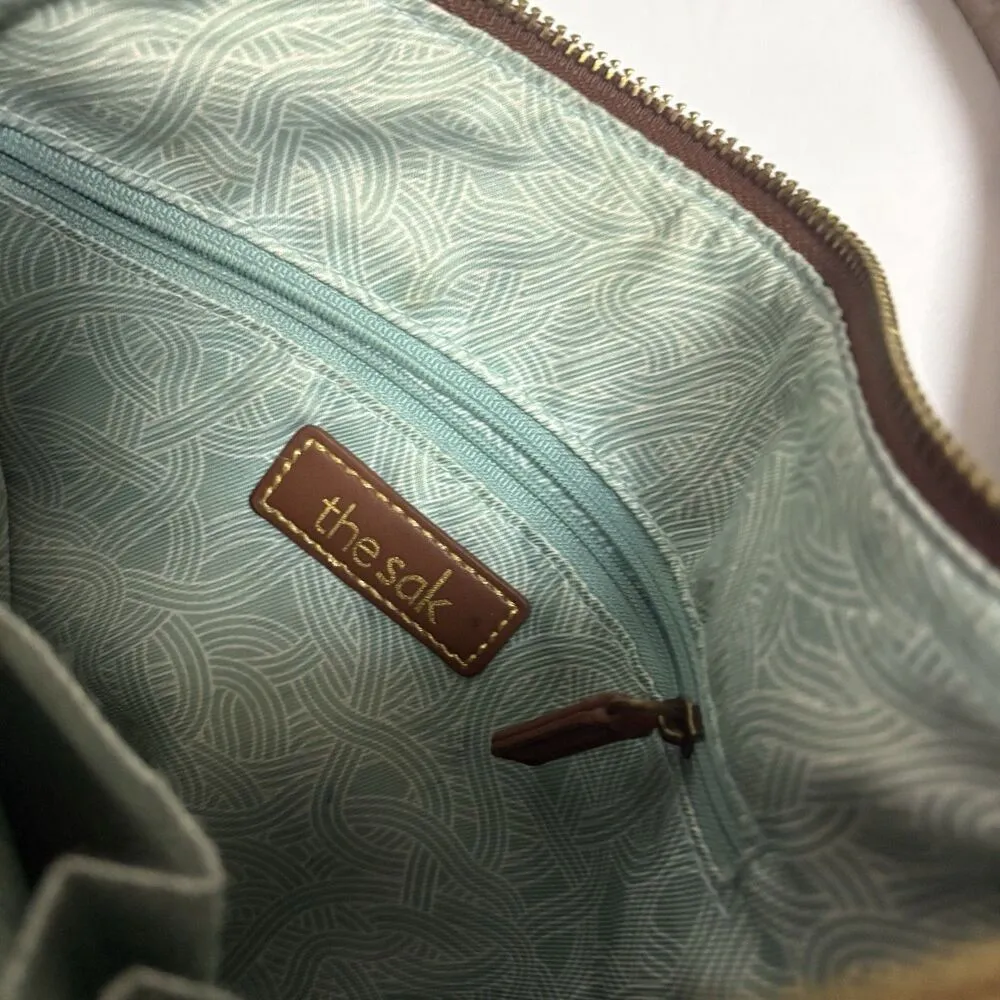 The Sak Alameda Woven Leather Crossbody Bucket Bag Brown Tan Metallic Boho - Image 6