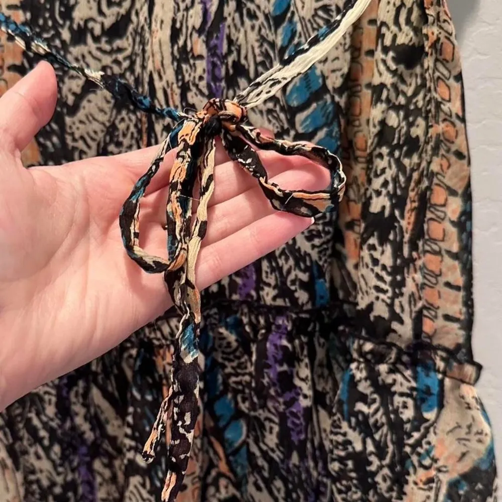 Fire LA Brown Black Blue‎ Animal Print Ruffle Tie Blouse Sz Medium Y2K - Image 6