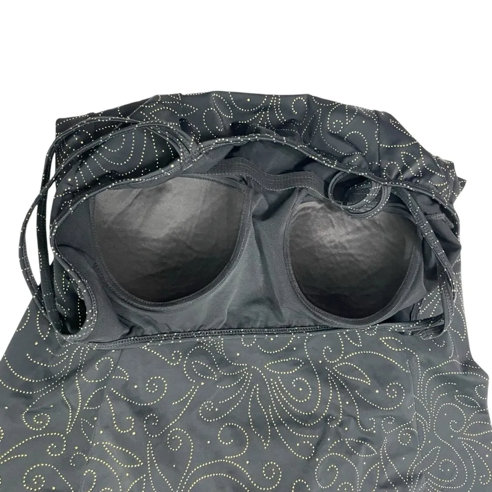 Robby Len Swimfashions Size 14 Skirted Swimsuit Black with Silver Beaded Swirls - Image 6