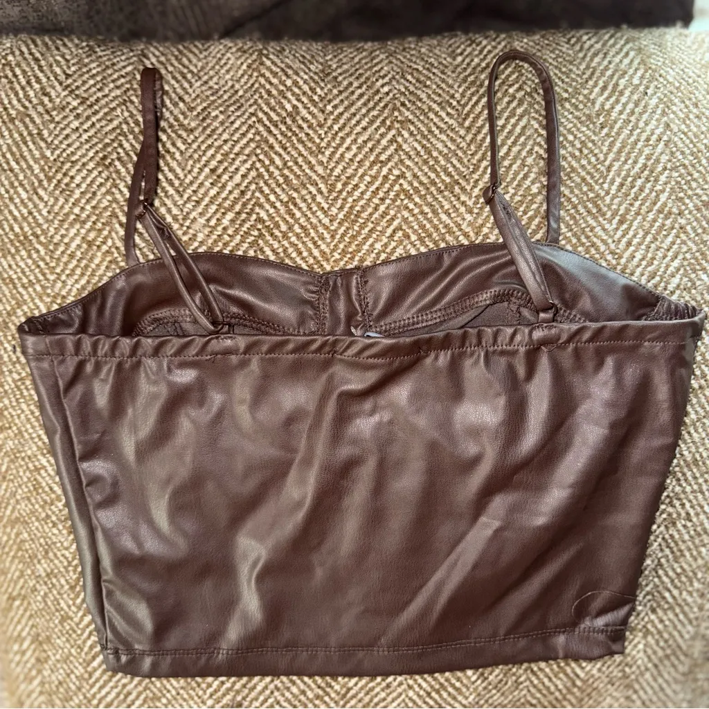 Brown Faux Leather Heart‎ Lined Crop Top Brown Medium - Image 2