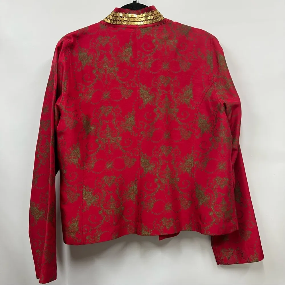 Chico’s size 1 silk Blazer Red & Gold open jacket Blouse - Image 2
