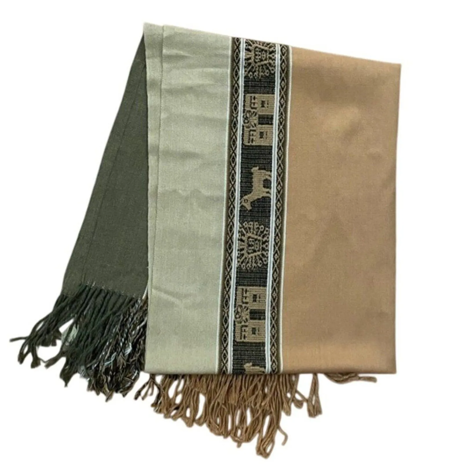 Brown Handwoven Peruvian Wool Wrap Shawl Andean Pattern 26x74 - Image 2