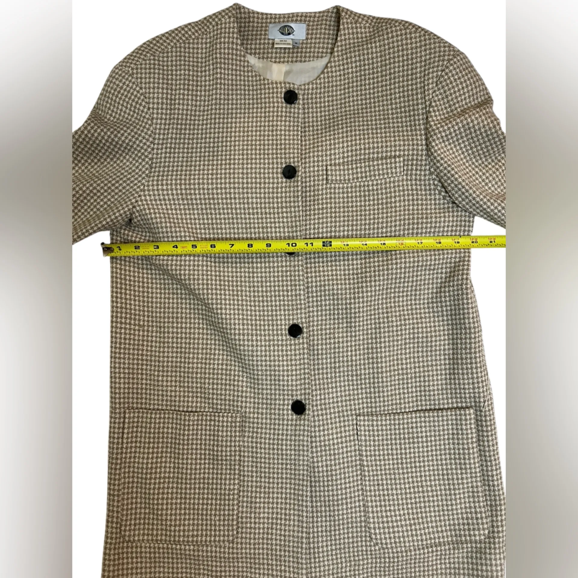 Vintage 90s Silks 100% Silk Houndstooth Blazer Skirt Suit Set Brown Beige Medium - Image 5