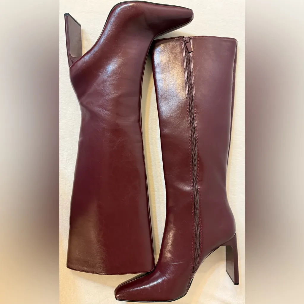 ZARA Women’s Faux Leather Knee High Burgundy Boots with Wide Heel Size EU 40 - Image 7