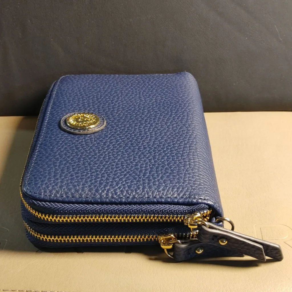 Anne Kline Blue Leather Zip Wallet Gold Lion Medallion Double Compartments - Image 10