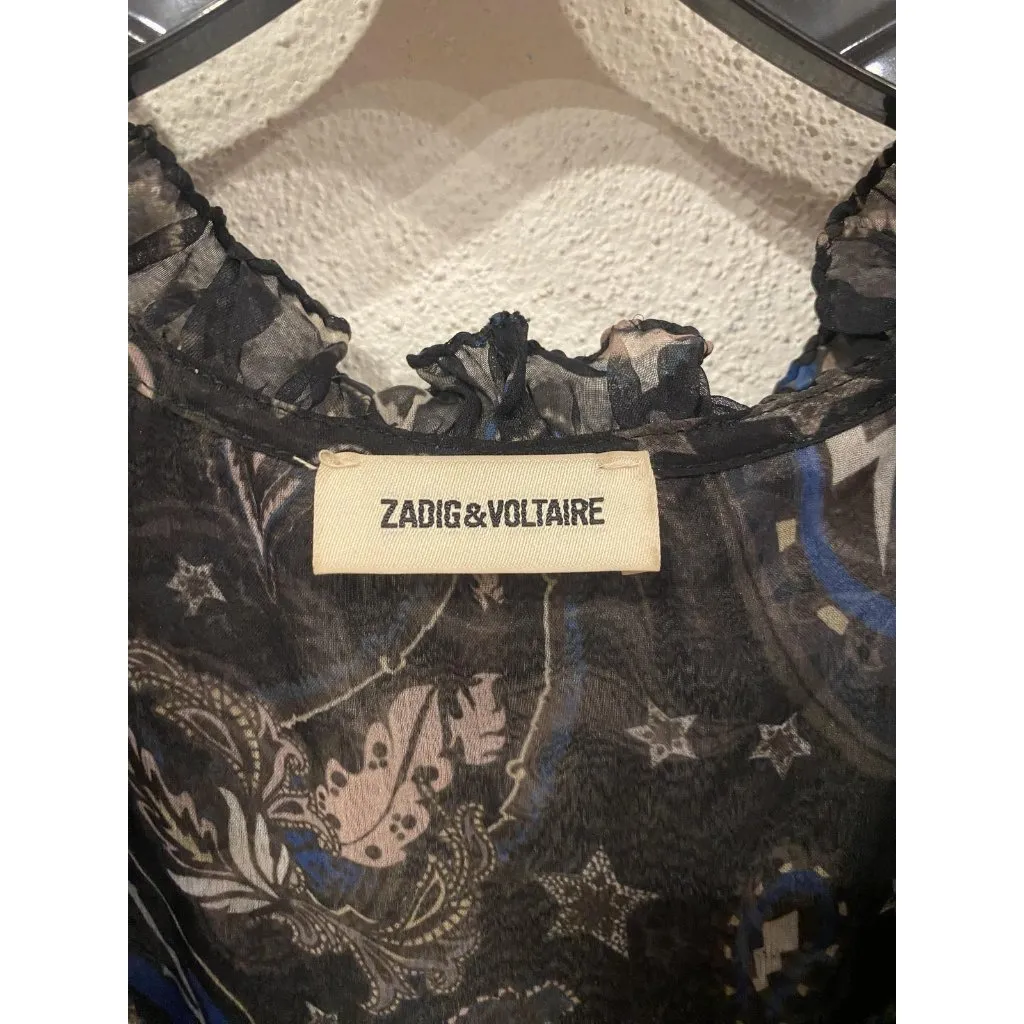 Zadig & Voltaire Romana Dress Womens Small Black Blue Paisley Ruffles - Image 3