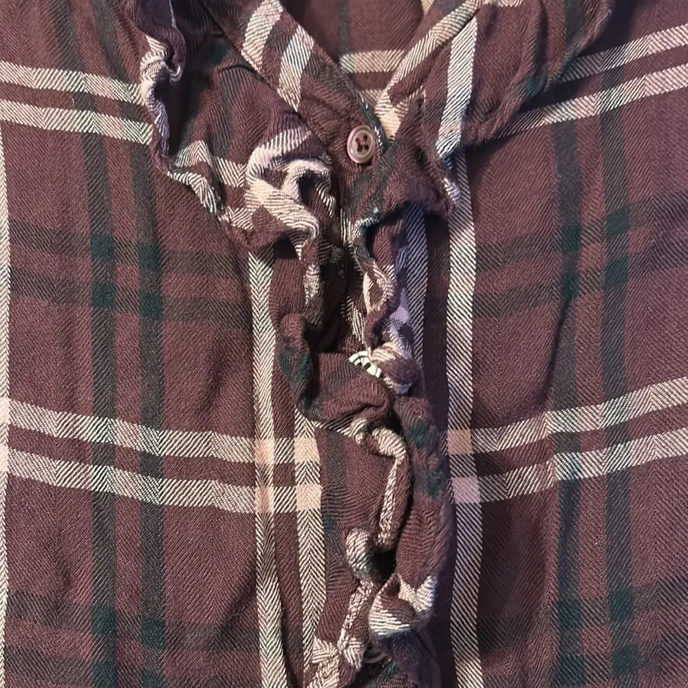 Time & Tru Burgundy Plaid Ruffle Long Sleeve Button Down Blouse Small - Image 3