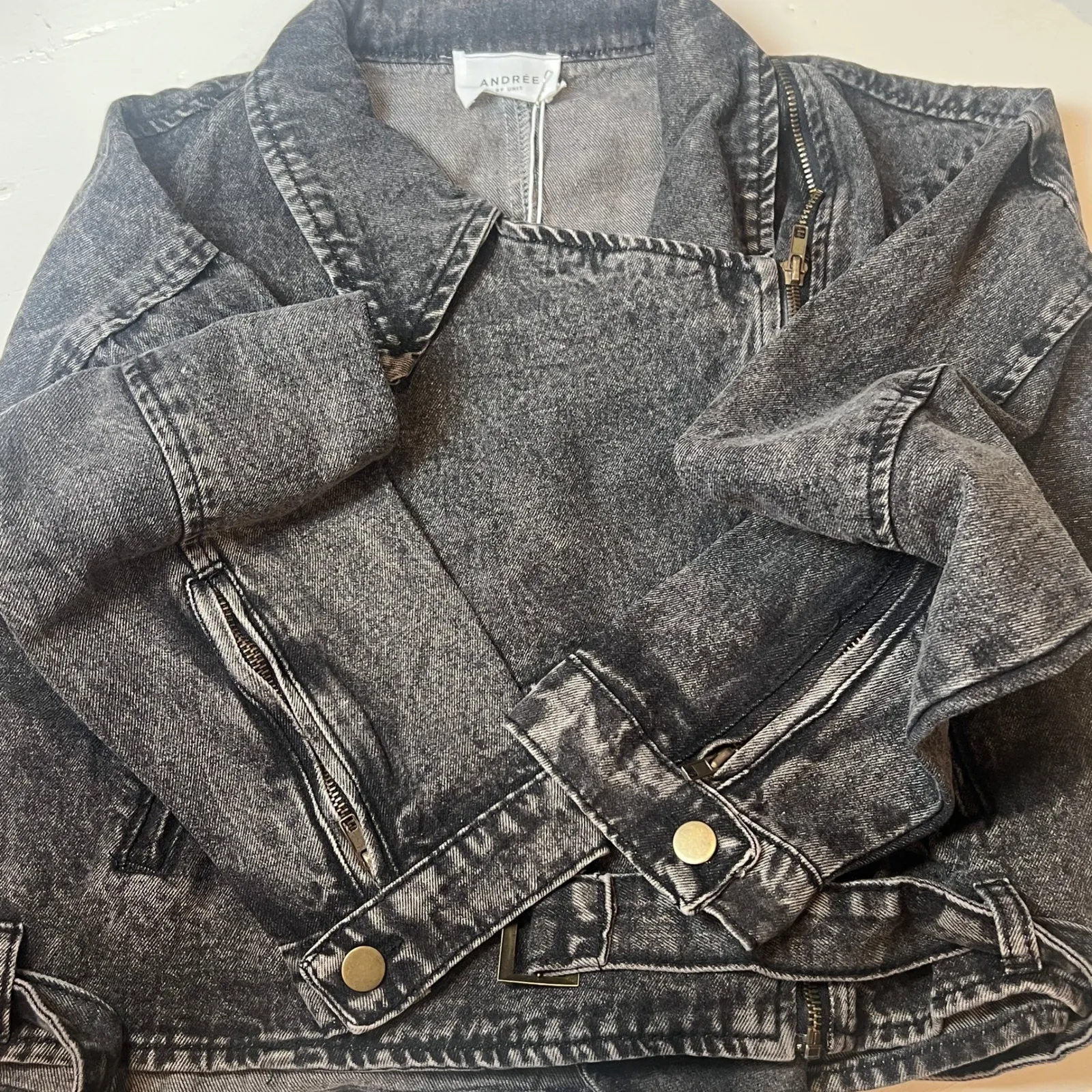 Andrée Women's Large Black Washed Denim Moto Jacket Zip Front Grungecore Biker - Image 8