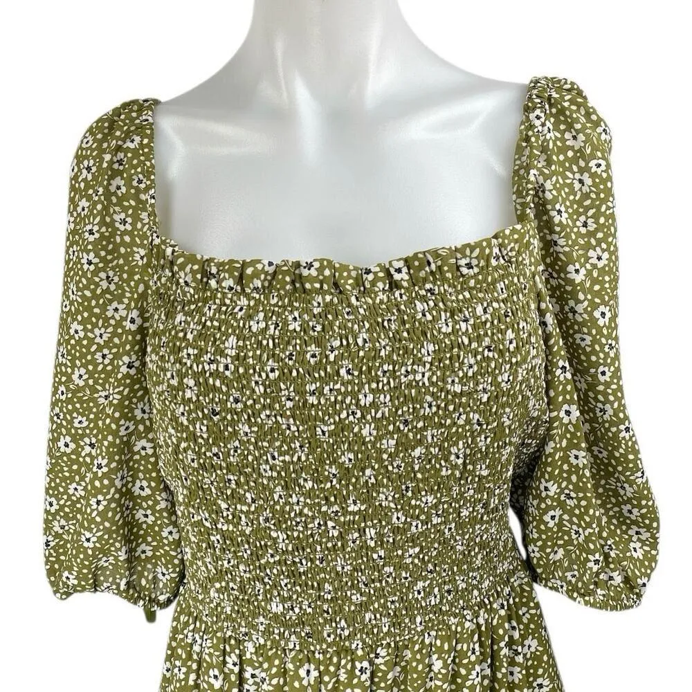 Ann Taylor Green Floral Short Sleeve Smocked Ruffle Tiered Maxi A-Line Dress 8 - Image 3