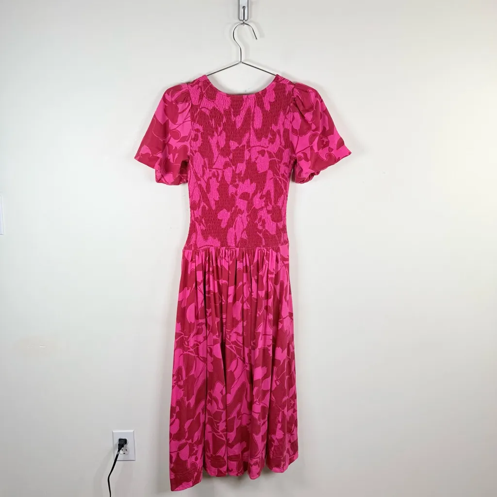 ME+EM Pink Red Floral Smocked Midi Dress Puff Sleeve Size 2 - Image 3