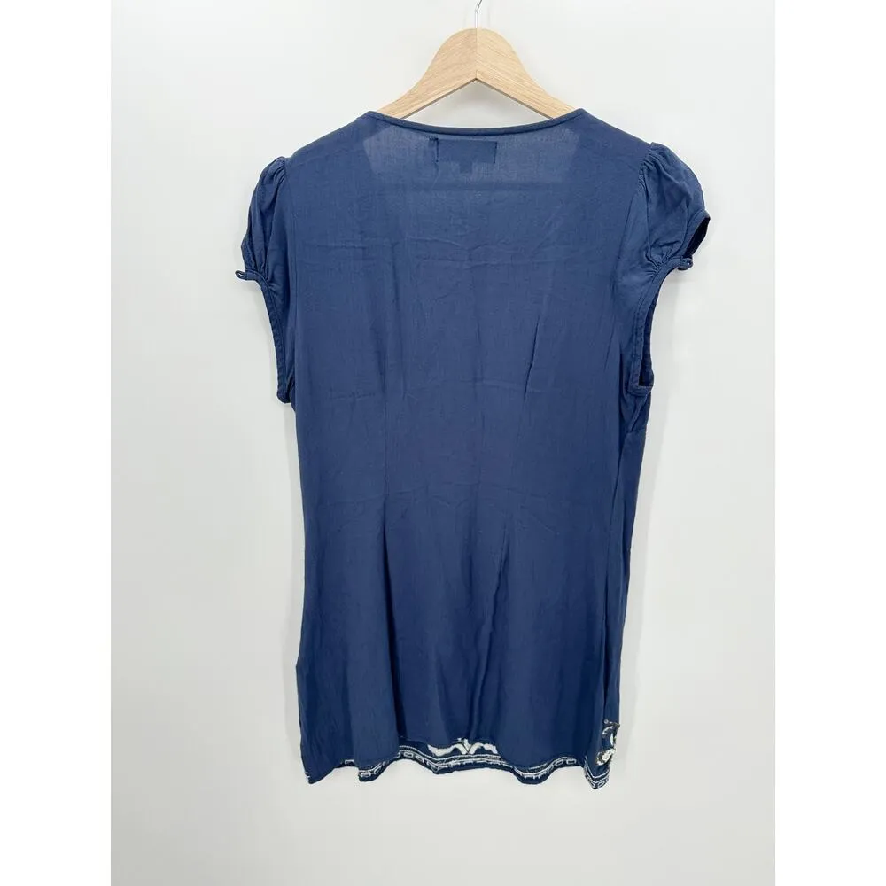 Katherine .K Tunic Women Medium Embroidered Short Sleeve Rayon Coastal Vaca Blue - Image 2