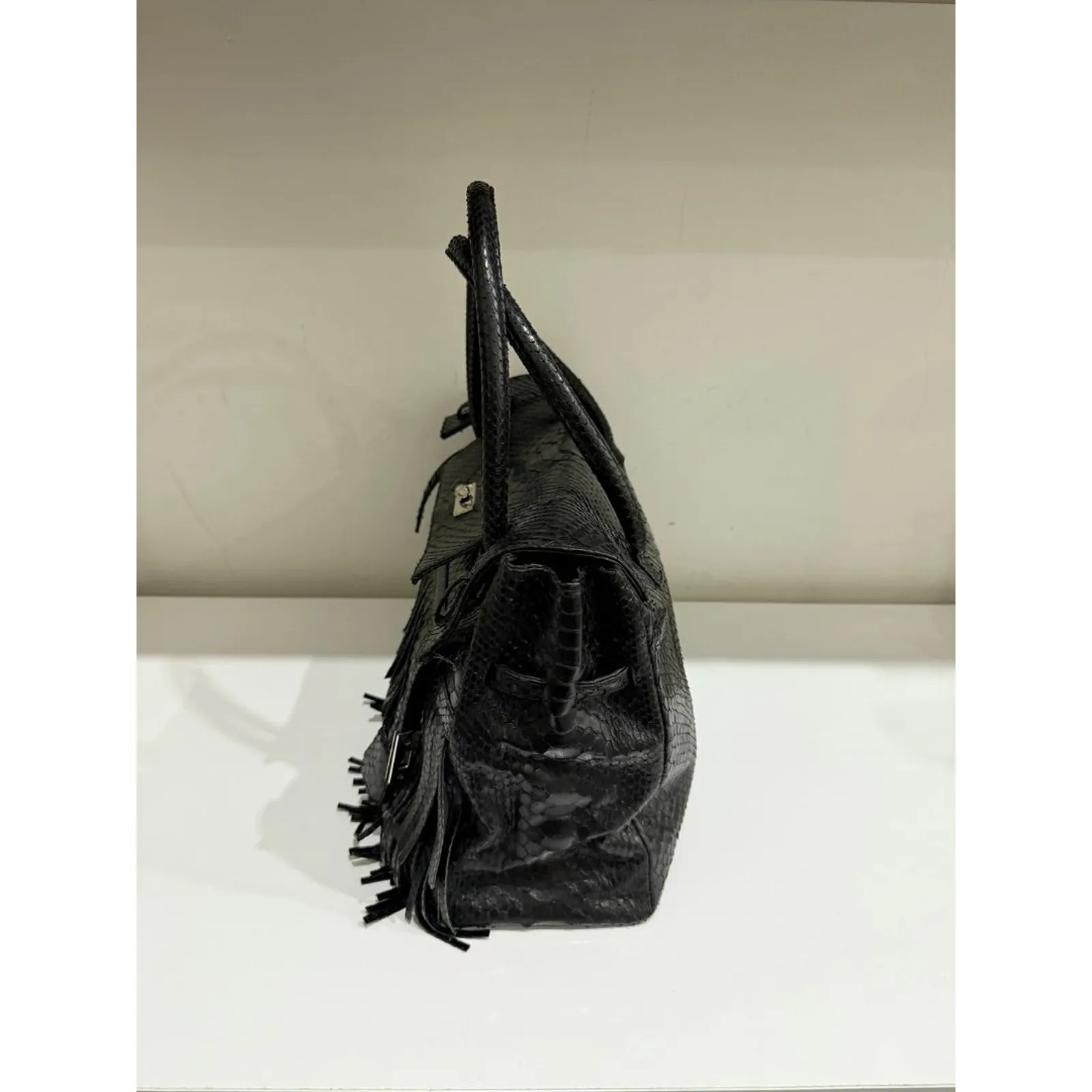 Studio LX Fringe Birkin Snake Black Leather Textured Satchel Handbag - Image 4