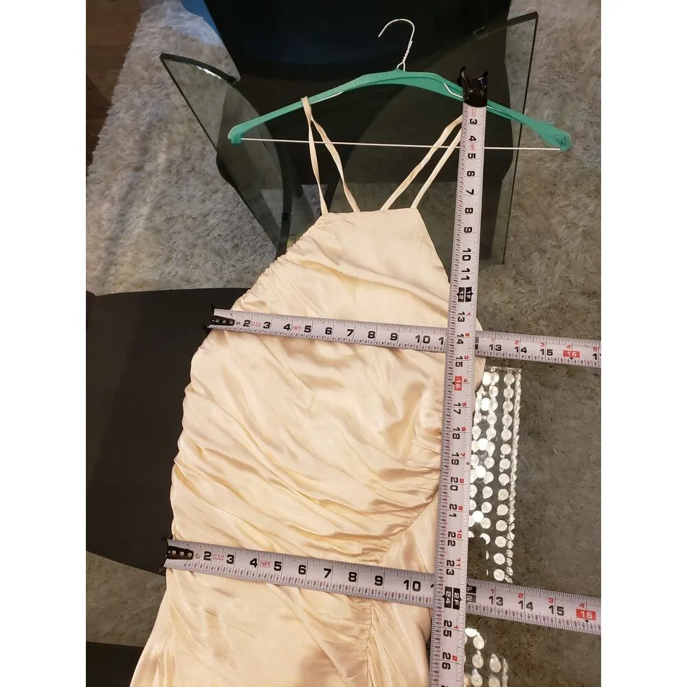 Mable Maxi Dress Women's S Beige Lined Satin Ruched Front Ankle Slit Halter Neck - Image 9