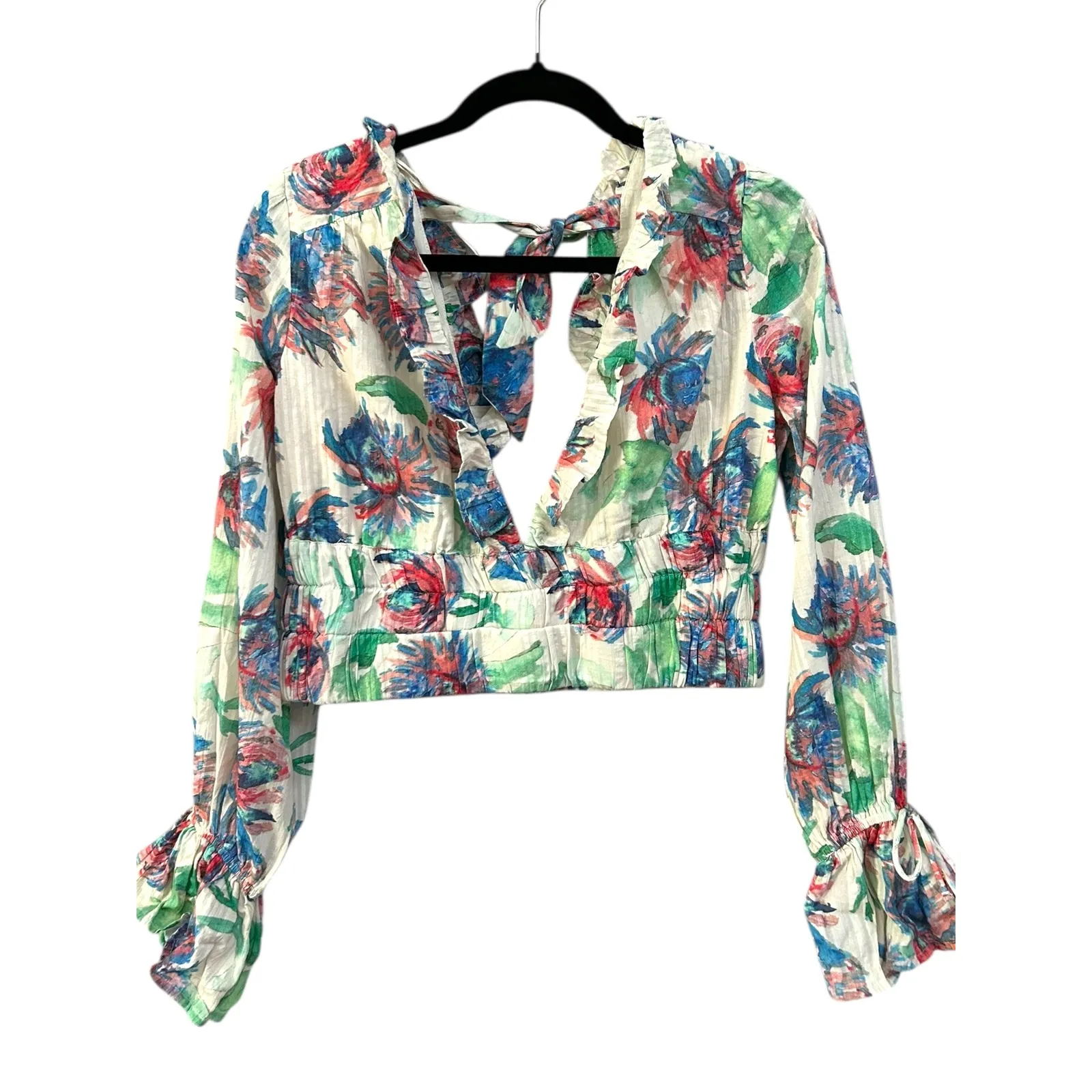By Anthropologie Boho Tie Back Floral Ruffle Long Sleeve‎ Crop Top Women's Small White - Image 3
