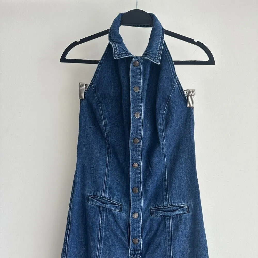 Free People Denim Jumpsuit 8 Blue Flared Halter One Piece Low Back 70s Retro - Image 4