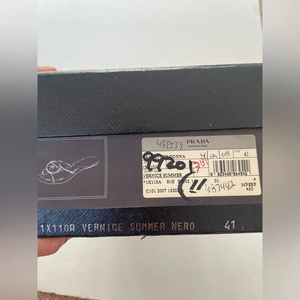 Prada Heeled Sandals Gold Logo Black Leather T Strap Flip Flop Slides EU 41 - Image 10