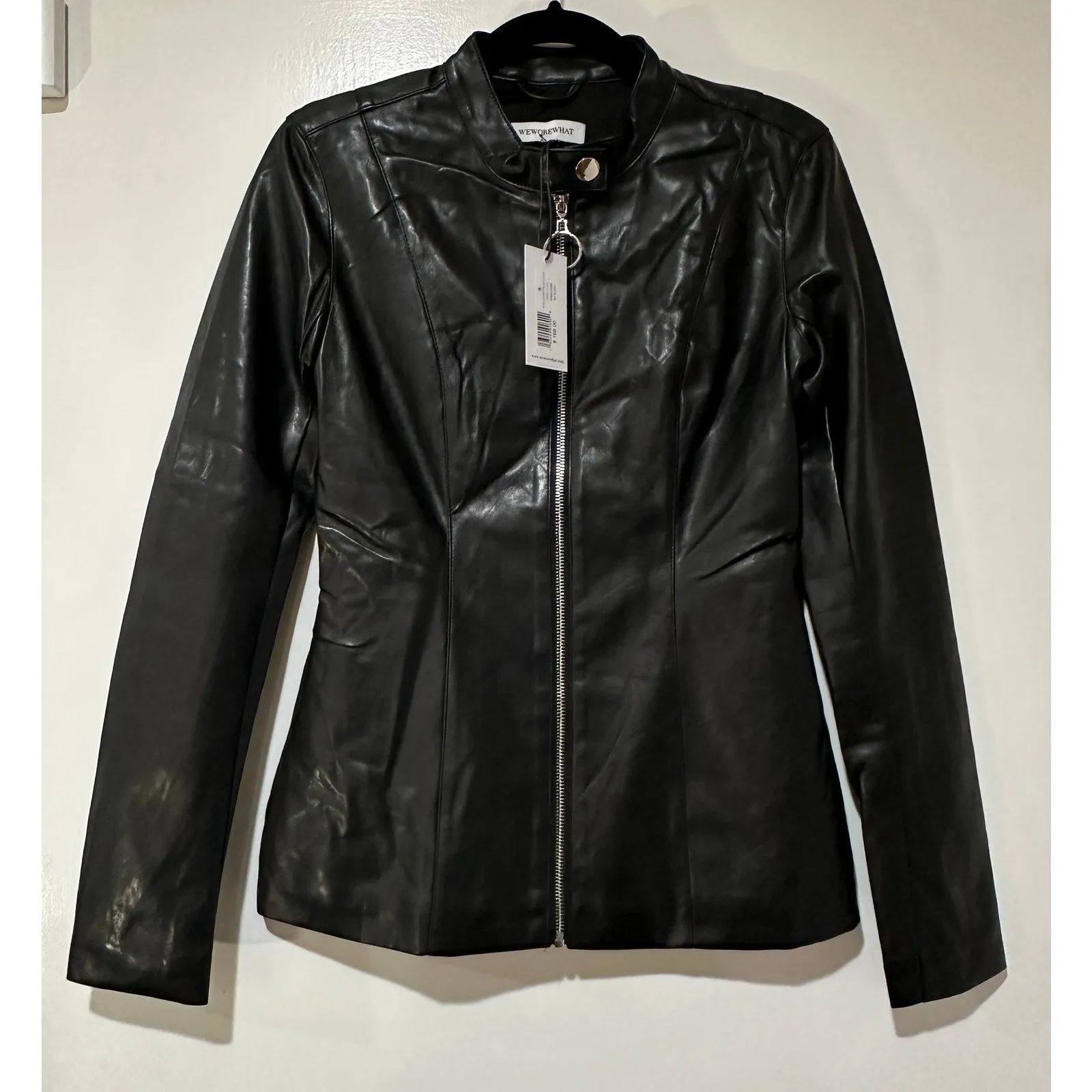 We Wore What Vegan Leather Fitted Moto Black Jacket Size Small NWT Slim Cut - Image 3