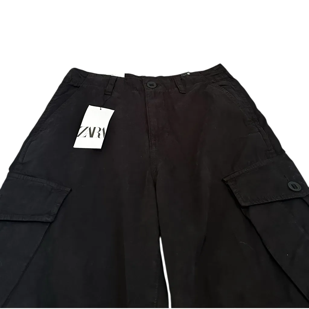 Zara Black High Rise Wide Leg Cargo Pocket Pants Utility Grunge Size 30 - Image 3