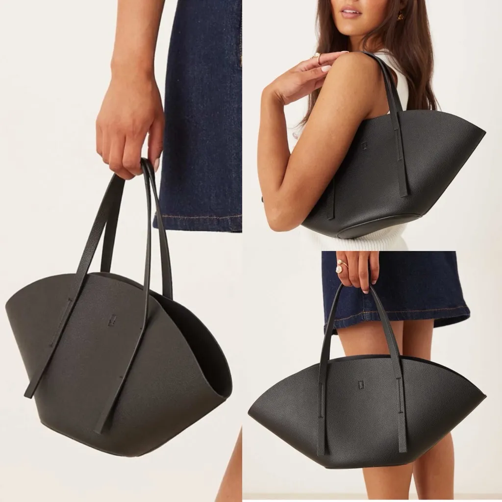 ASOS- Gina Tricot black faux leather wide top elongated shopper shoulder bag - Image 2