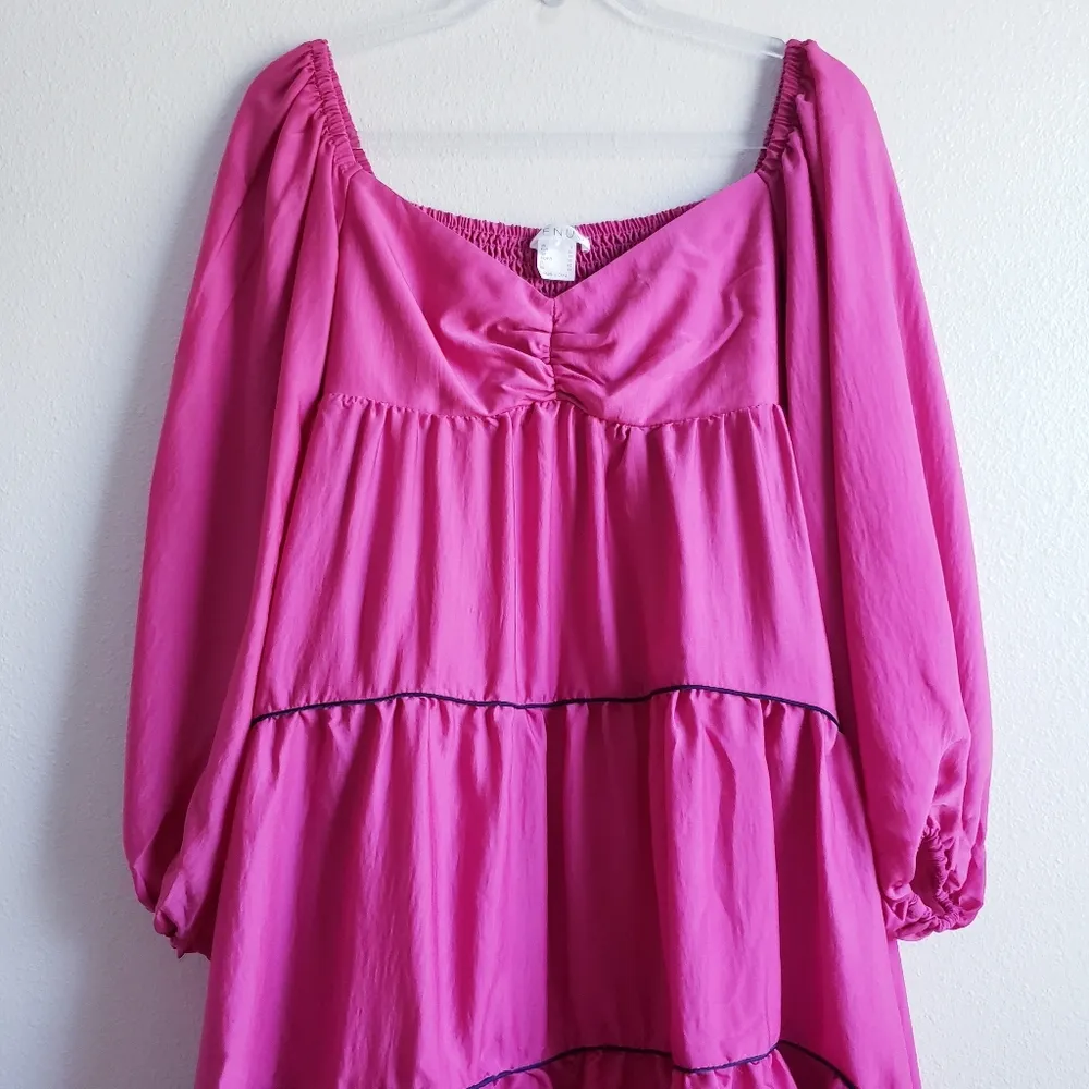 Venus Hi Low Ruffle Hot Pink Long Sleeve Puff Sleeve Dress - Image 3