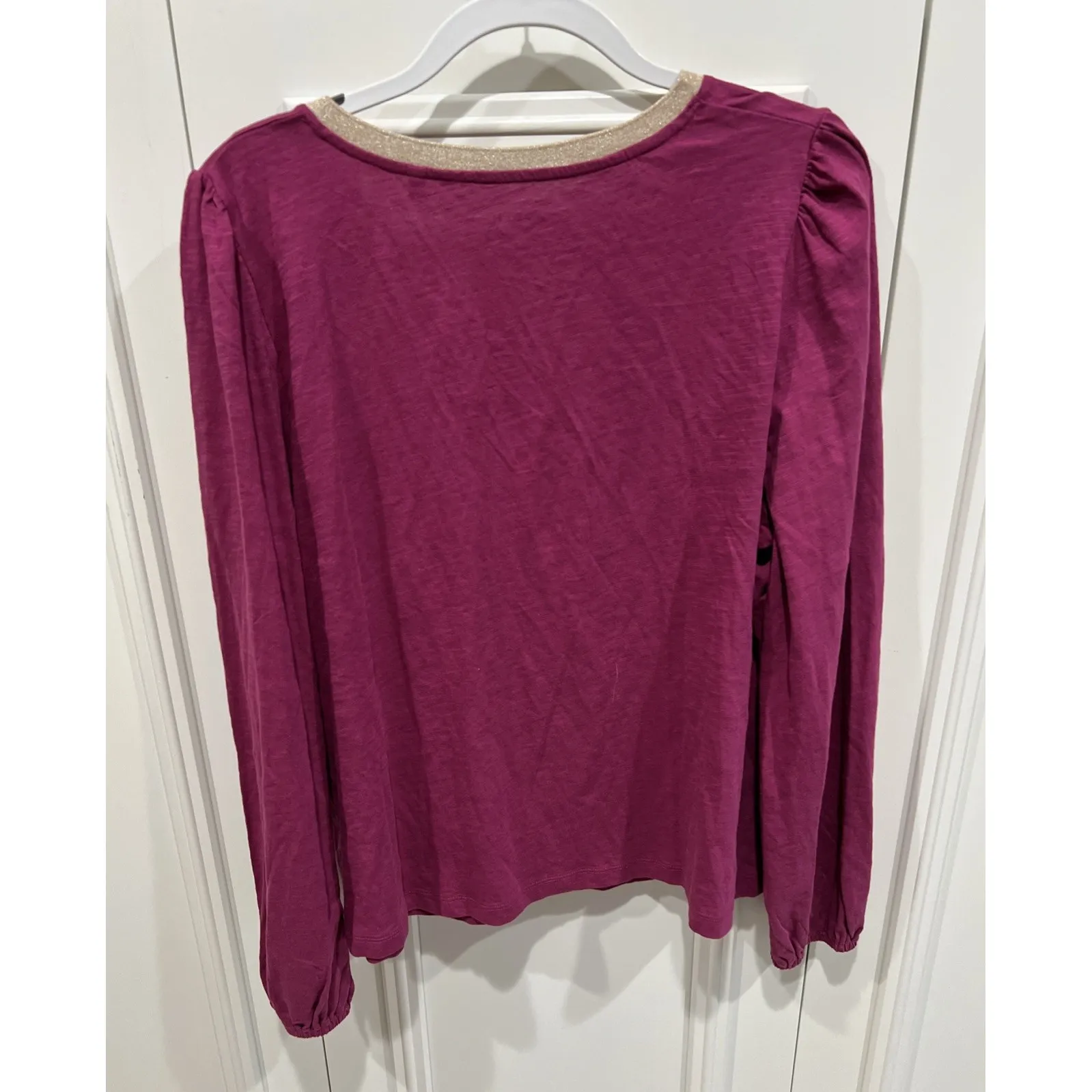 Boden Metallic Trim V Neck Knit Top Magenta Gold Long Sleeve Classic Preppy Purple Size undefined - Image 3