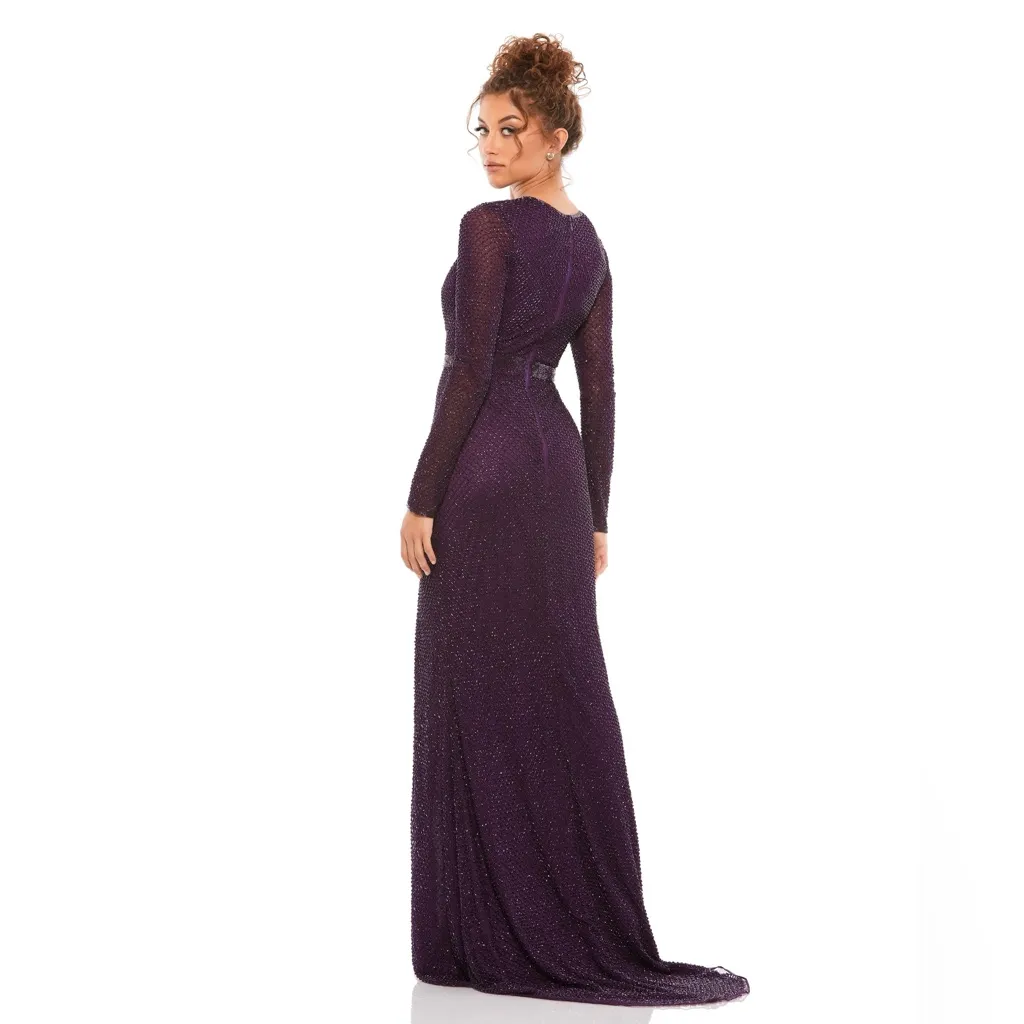 Mac Duggal 5056 Long Sleeve Beaded Dress in Aubergine, Size 16, NEW w/Tag - Image 4