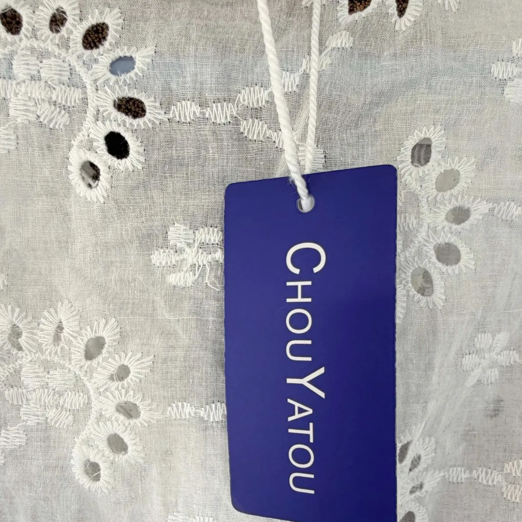 CHOUYATOU White Eyelet Broderie Anglaise Lace Top Ruffled Sleeves Cottagecore Size M - Image 5