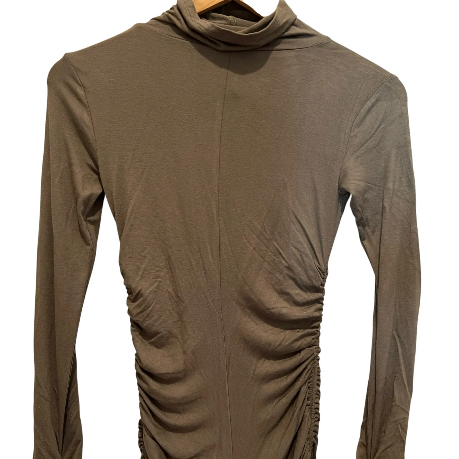 Olive Green Mock Turtleneck Bodycon Stretchy Dress Sz S Adjustable Hem Sexy Form - Image 2