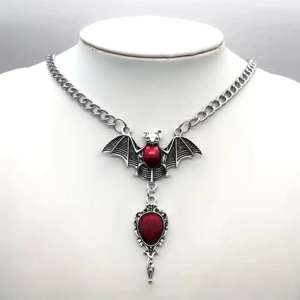 Gothic Party Style Special Bat Red Mirror Pendant‎ Zinc Alloy Necklace Silver - Image 6