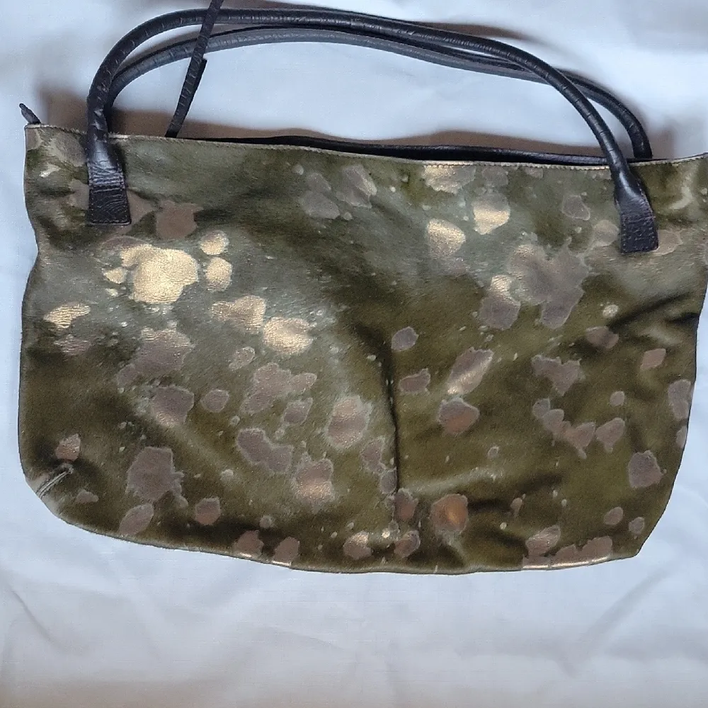 MAURIZIO TAIUTI Made Italy Calf Hair Leather Shoulder Bag Green and Brown Gold - Image 10