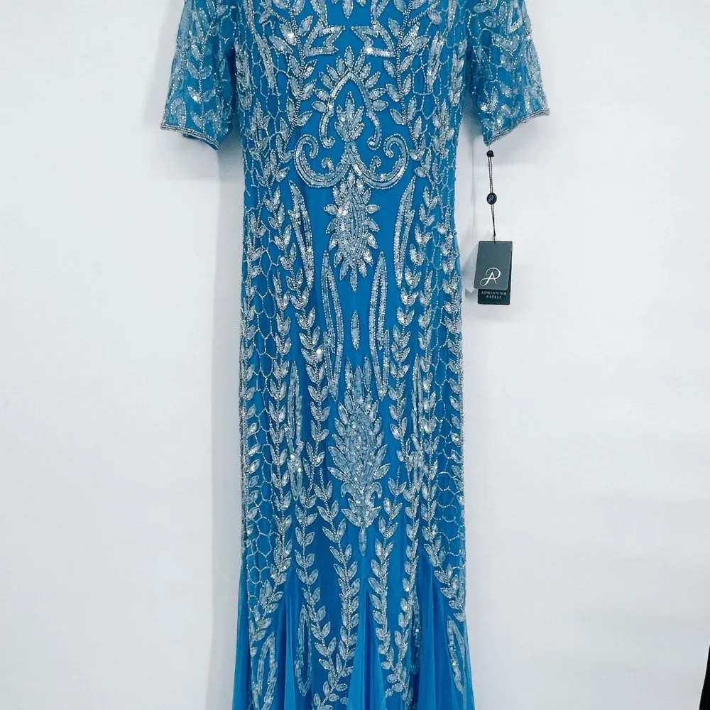 Adrianna Papell Floral Beaded Embellished Godet Gown Maxi Dress Ocean Dream Blue - Image 8