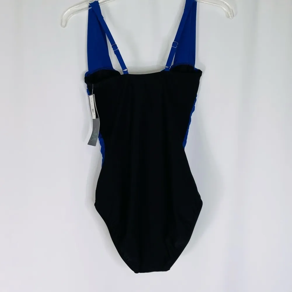 NWT Aqua Green Sapphire Blue & Black Runched One Piece Modest Swimsuit Small - Image 9