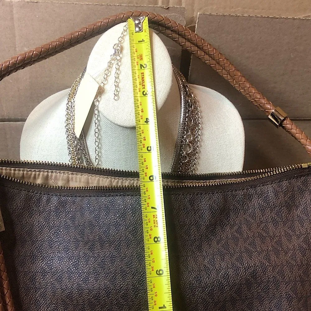 MICHAEL KORS Brown Logo Top Zipper Close Shoulder Bag w Braided Shoulder Strap - Image 3